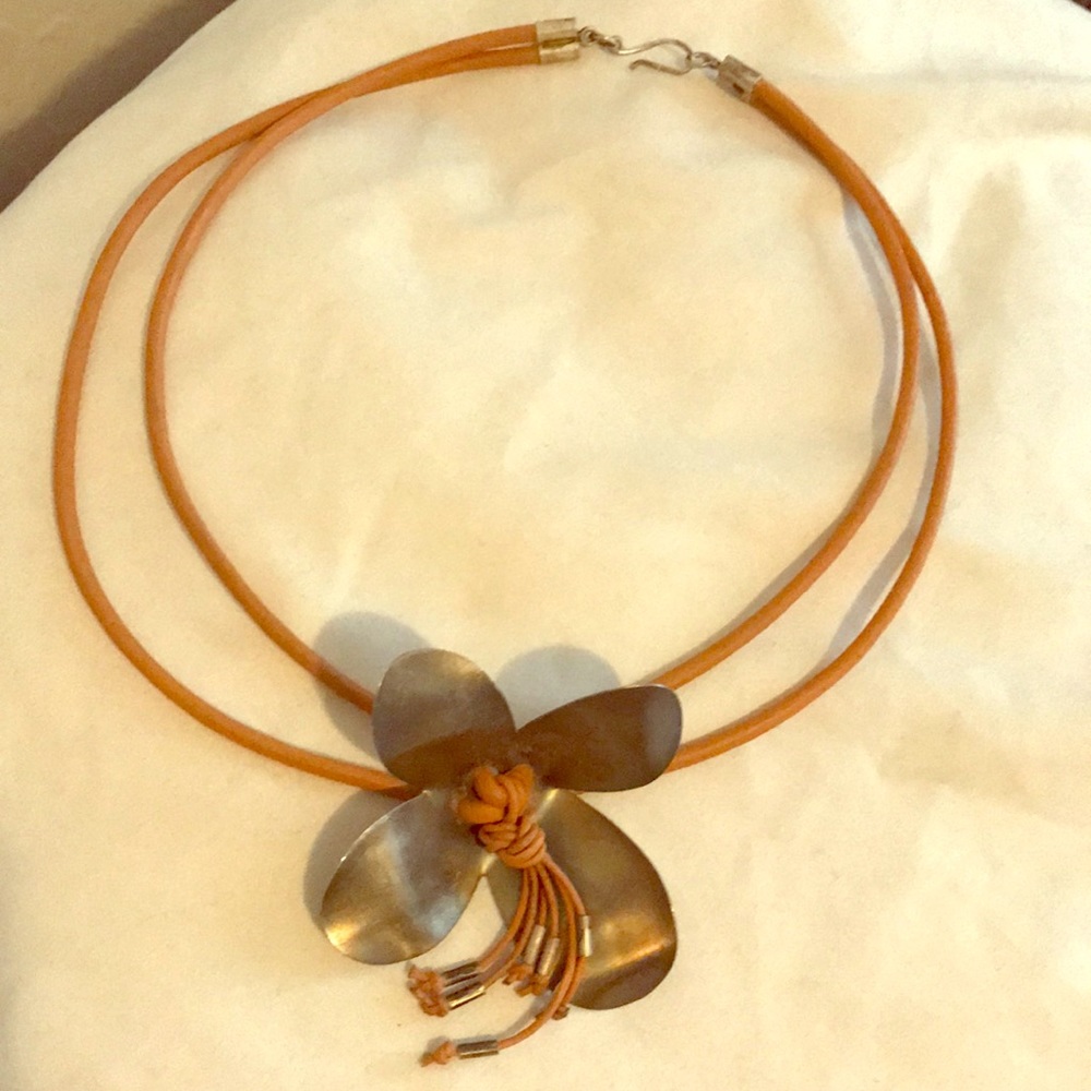Artisan Handmade Metal Flower Leather Necklace